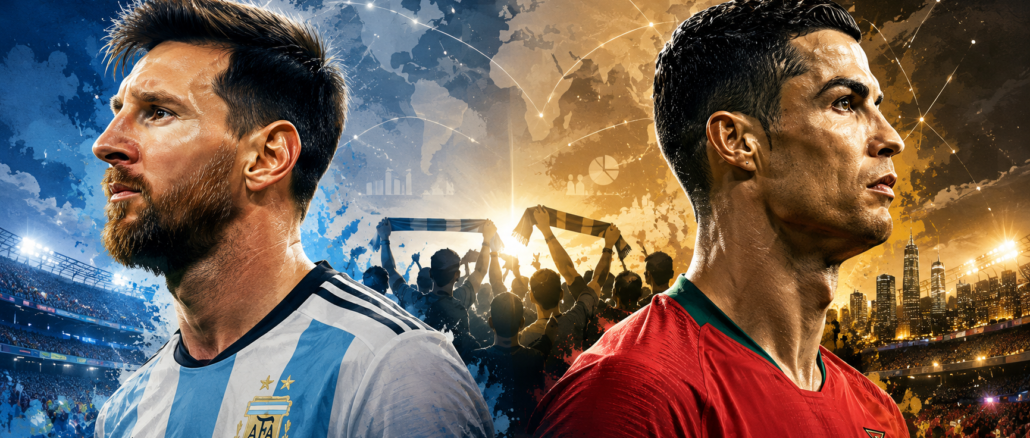 Ilustración editorial de Lionel Messi y Cristiano Ronaldo representando el debate sobre las tendencias políticas de sus seguidores.