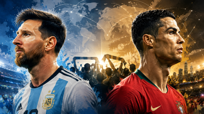Ilustración editorial de Lionel Messi y Cristiano Ronaldo representando el debate sobre las tendencias políticas de sus seguidores.