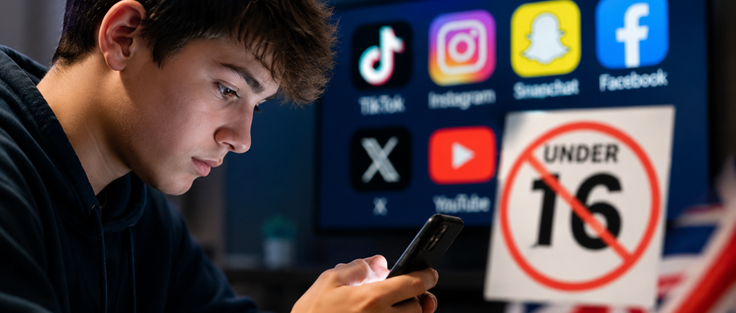 Adolescente utilizando un teléfono móvil mientras Reino Unido impulsa una ley para prohibir el acceso de menores de 16 años a redes sociales.