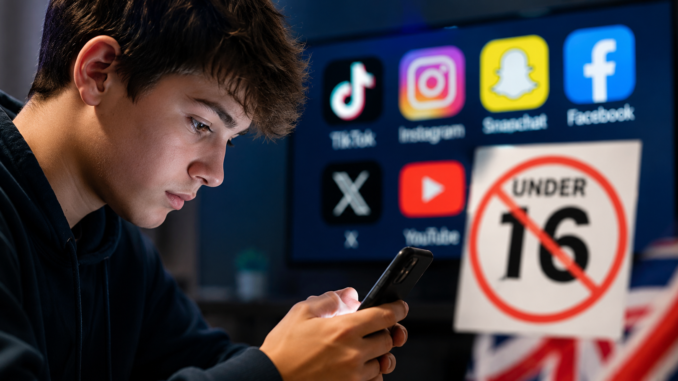 Adolescente utilizando un teléfono móvil mientras Reino Unido impulsa una ley para prohibir el acceso de menores de 16 años a redes sociales.