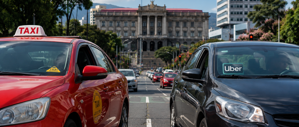 Taxi tradicional y vehículo de plataforma digital durante el debate sobre la regulación del transporte en Costa Rica.