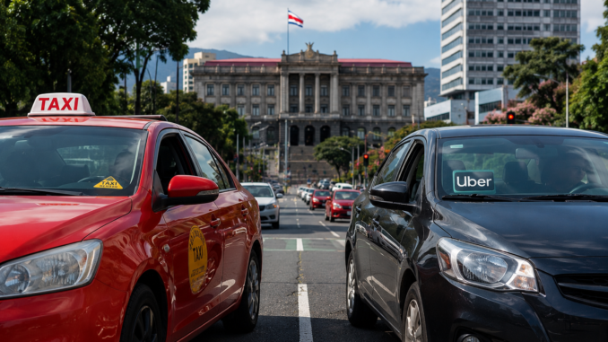 Taxi tradicional y vehículo de plataforma digital durante el debate sobre la regulación del transporte en Costa Rica.