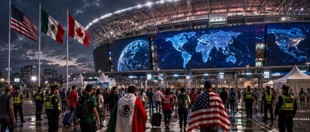 Aficionados ingresan a un estadio del Mundial 2026 bajo medidas de seguridad en Estados Unidos, en una imagen relacionada con los riesgos geopolíticos del torneo.