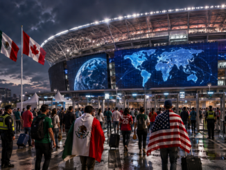 Aficionados ingresan a un estadio del Mundial 2026 bajo medidas de seguridad en Estados Unidos, en una imagen relacionada con los riesgos geopolíticos del torneo.