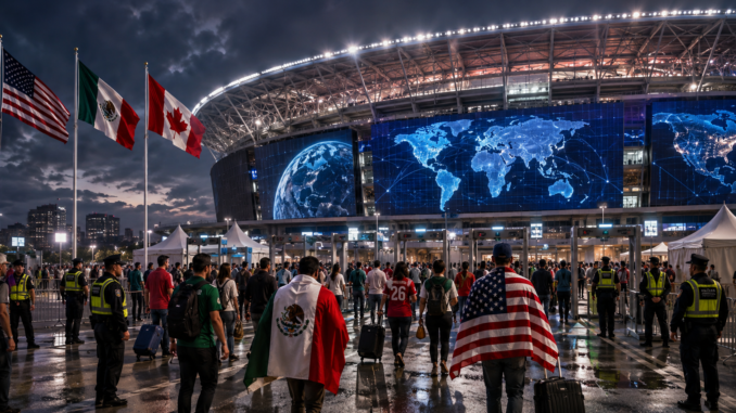 Aficionados ingresan a un estadio del Mundial 2026 bajo medidas de seguridad en Estados Unidos, en una imagen relacionada con los riesgos geopolíticos del torneo.