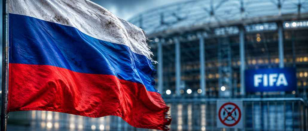 Rusia y el Mundial tras la invasión de Ucrania representados por una bandera rusa frente a una infraestructura deportiva internacional.