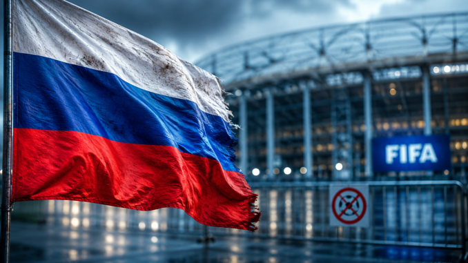 Rusia y el Mundial tras la invasión de Ucrania representados por una bandera rusa frente a una infraestructura deportiva internacional.