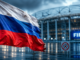 Rusia y el Mundial tras la invasión de Ucrania representados por una bandera rusa frente a una infraestructura deportiva internacional.
