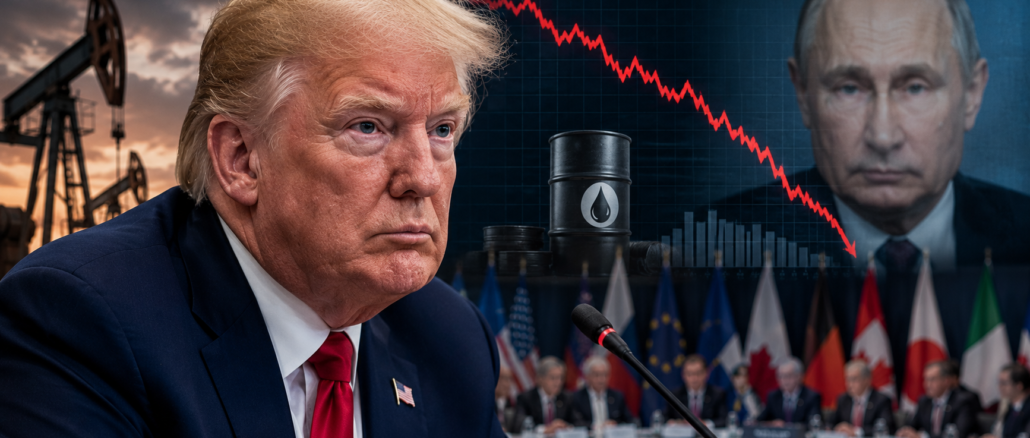 Donald Trump durante una cumbre internacional mientras evalúa posibles sanciones al petróleo ruso y aumenta la presión sobre Vladimir Putin.