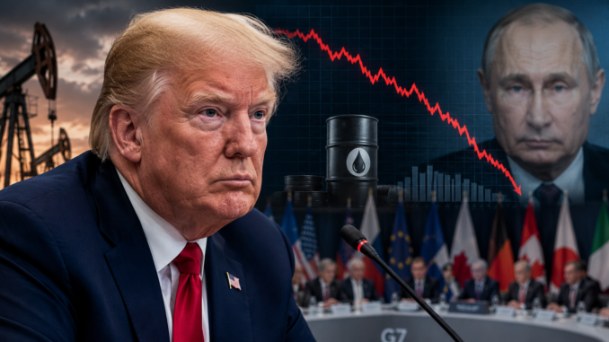 Donald Trump durante una cumbre internacional mientras evalúa posibles sanciones al petróleo ruso y aumenta la presión sobre Vladimir Putin.