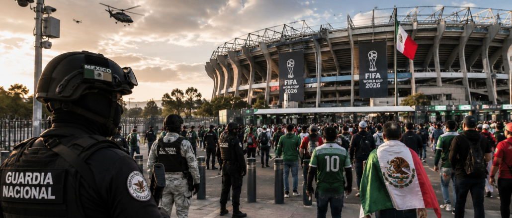 Operativo de seguridad para el Mundial 2026 en México con presencia de la Guardia Nacional y miles de aficionados llegando al estadio.