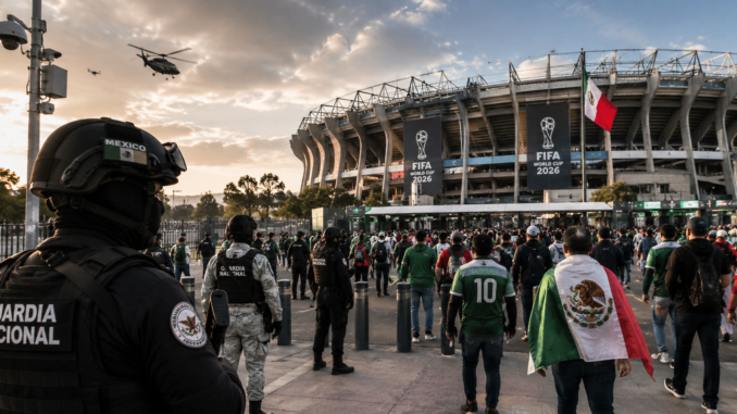 Operativo de seguridad para el Mundial 2026 en México con presencia de la Guardia Nacional y miles de aficionados llegando al estadio.