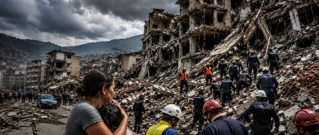 Equipos de rescate trabajan entre edificios colapsados tras los terremotos en Venezuela, mientras familias observan la destrucción causada por el doblete sísmico.