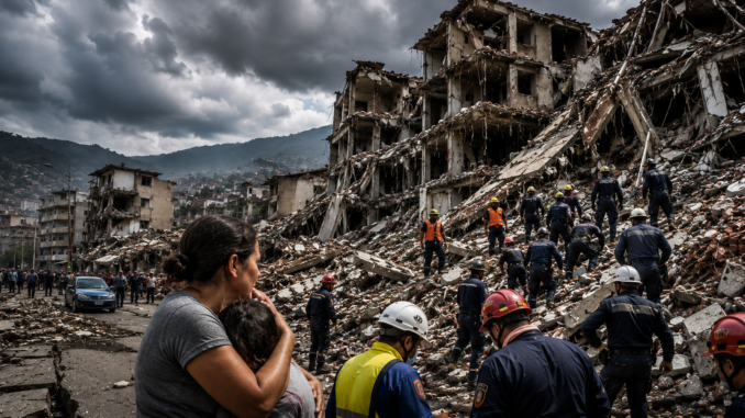Equipos de rescate trabajan entre edificios colapsados tras los terremotos en Venezuela, mientras familias observan la destrucción causada por el doblete sísmico.