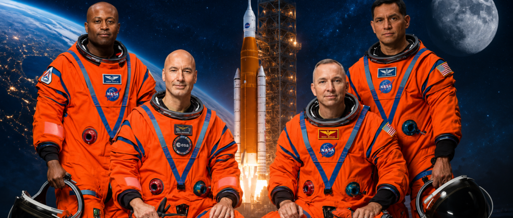Tripulación de Artemis III junto al cohete SLS de la NASA durante los preparativos para la misión lunar programada para 2027.
