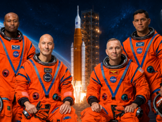 Tripulación de Artemis III junto al cohete SLS de la NASA durante los preparativos para la misión lunar programada para 2027.