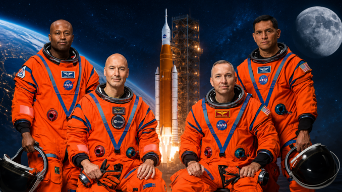 Tripulación de Artemis III junto al cohete SLS de la NASA durante los preparativos para la misión lunar programada para 2027.