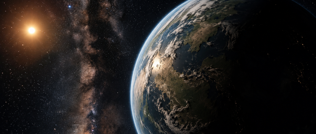 Vida inteligente fuera de la Tierra ilustrada mediante un exoplaneta similar a nuestro planeta en una galaxia distante.