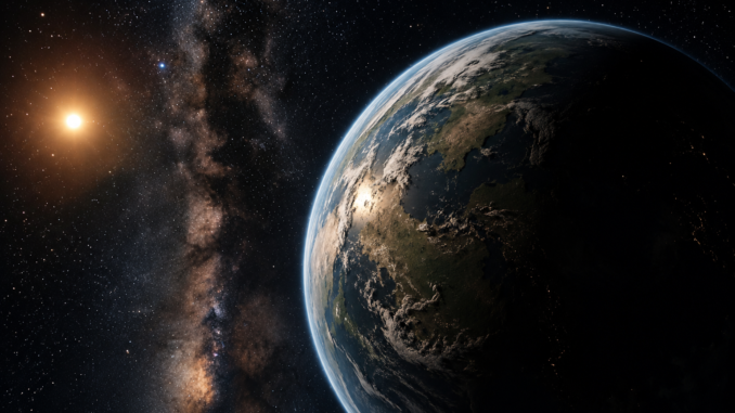 Vida inteligente fuera de la Tierra ilustrada mediante un exoplaneta similar a nuestro planeta en una galaxia distante.