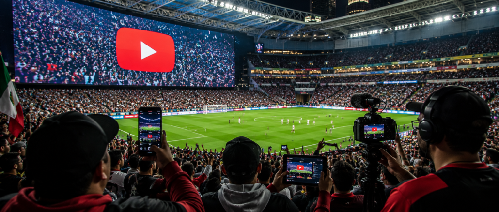 Aficionados y creadores de contenido siguen un partido en un estadio mientras YouTube se consolida como plataforma clave para el Mundial 2026.