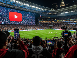 Aficionados y creadores de contenido siguen un partido en un estadio mientras YouTube se consolida como plataforma clave para el Mundial 2026.