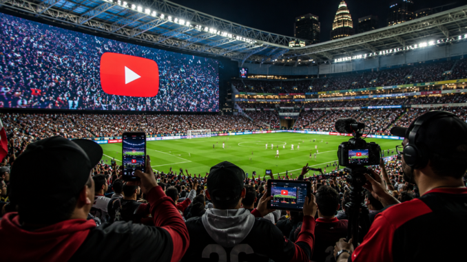 Aficionados y creadores de contenido siguen un partido en un estadio mientras YouTube se consolida como plataforma clave para el Mundial 2026.