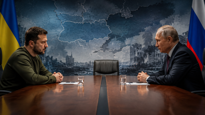 Volodymyr Zelensky y Vladimir Putin frente a frente en una imagen representativa de posibles negociaciones de paz entre Ucrania y Rusia.