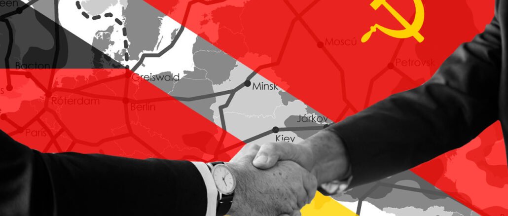 Mapa geopolítico con representantes de Alemania y Rusia estrechando manos por acuerdo nuclear en Lingen