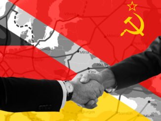 Mapa geopolítico con representantes de Alemania y Rusia estrechando manos por acuerdo nuclear en Lingen