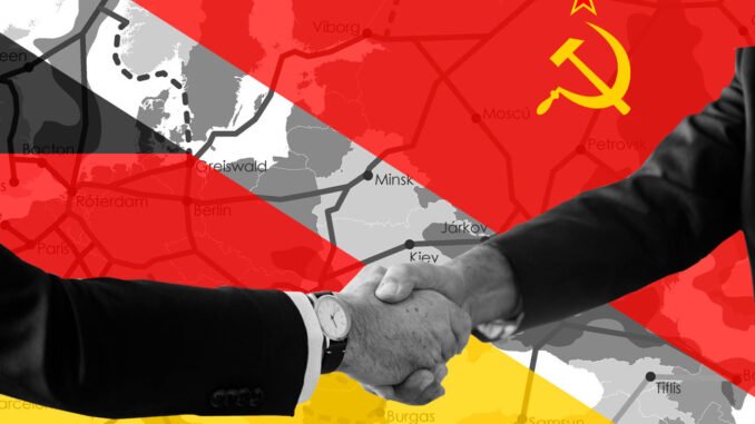 Mapa geopolítico con representantes de Alemania y Rusia estrechando manos por acuerdo nuclear en Lingen