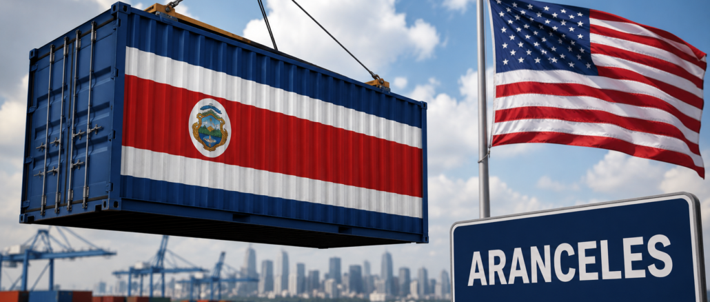 Contenedor con la bandera de Costa Rica en un puerto comercial frente a la bandera de Estados Unidos, representando la revisión de aranceles al comercio bilateral.