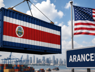 Contenedor con la bandera de Costa Rica en un puerto comercial frente a la bandera de Estados Unidos, representando la revisión de aranceles al comercio bilateral.