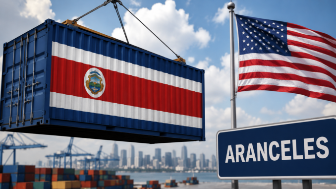 Contenedor con la bandera de Costa Rica en un puerto comercial frente a la bandera de Estados Unidos, representando la revisión de aranceles al comercio bilateral.