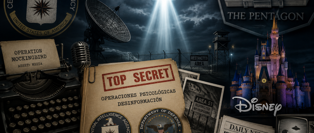 CIA Disney OVNIs: ilustración conceptual para un fact check sobre la supuesta alianza entre la CIA, el Pentágono y Disney para desacreditar los OVNIs.