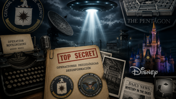 CIA Disney OVNIs: ilustración conceptual para un fact check sobre la supuesta alianza entre la CIA, el Pentágono y Disney para desacreditar los OVNIs.