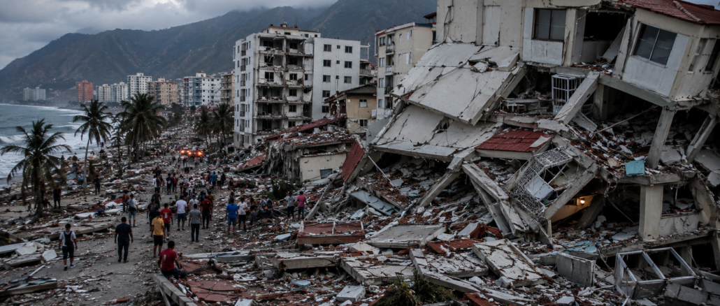 Edificios destruidos y calles cubiertas de escombros en La Guaira tras el doble terremoto que sacudió Venezuela.