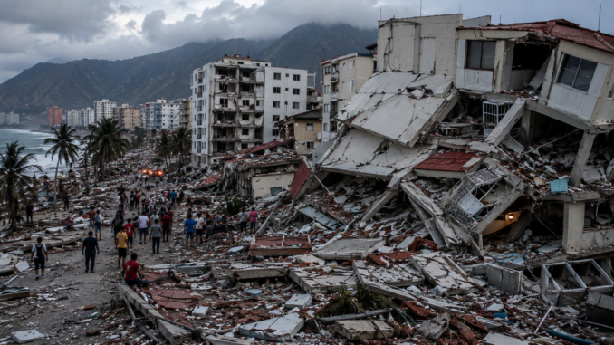 Edificios destruidos y calles cubiertas de escombros en La Guaira tras el doble terremoto que sacudió Venezuela.