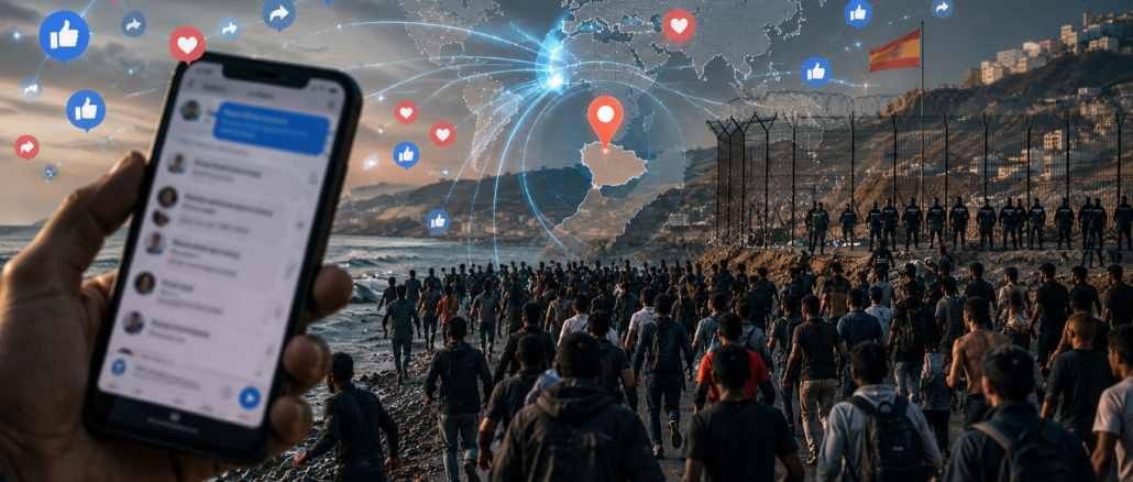 Crisis en Ceuta redes sociales: Representación digital de la movilización migratoria coordinada por aplicaciones móviles.