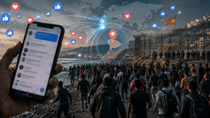 Crisis en Ceuta redes sociales: Representación digital de la movilización migratoria coordinada por aplicaciones móviles.