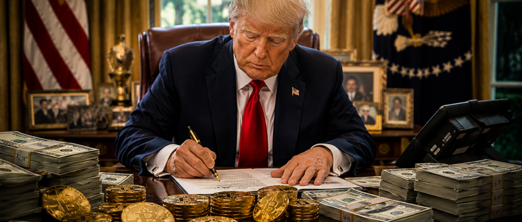 Donald Trump en un escritorio rodeado de billetes y criptomonedas, una representación del crecimiento de su patrimonio vinculado a activos digitales.