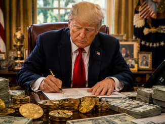 Donald Trump en un escritorio rodeado de billetes y criptomonedas, una representación del crecimiento de su patrimonio vinculado a activos digitales.