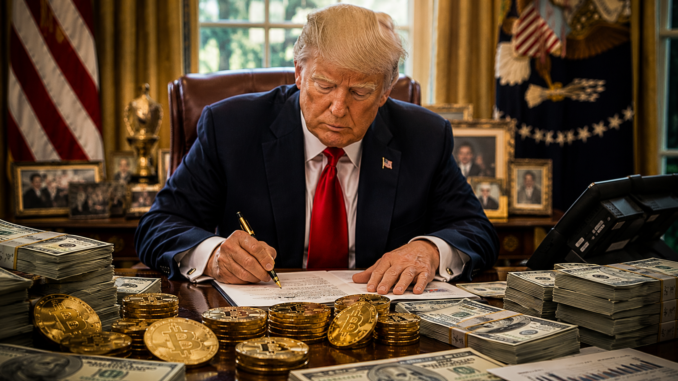 Donald Trump en un escritorio rodeado de billetes y criptomonedas, una representación del crecimiento de su patrimonio vinculado a activos digitales.