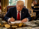 Donald Trump en un escritorio rodeado de billetes y criptomonedas, una representación del crecimiento de su patrimonio vinculado a activos digitales.