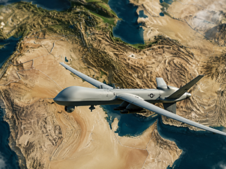 Drones militares Estados Unidos sobre un mapa de Oriente Medio, ilustración utilizada para explicar su papel estratégico en la guerra moderna.