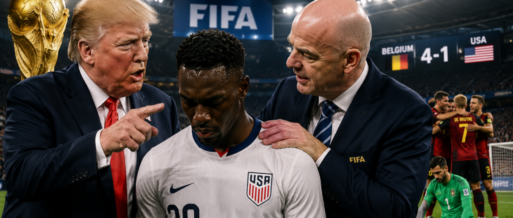 Ilustración hiperrealista del escándalo entre Donald Trump, Gianni Infantino y Folarin Balogun tras la polémica decisión de la FIFA durante el Mundial 2026.
