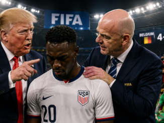 Ilustración hiperrealista del escándalo entre Donald Trump, Gianni Infantino y Folarin Balogun tras la polémica decisión de la FIFA durante el Mundial 2026.