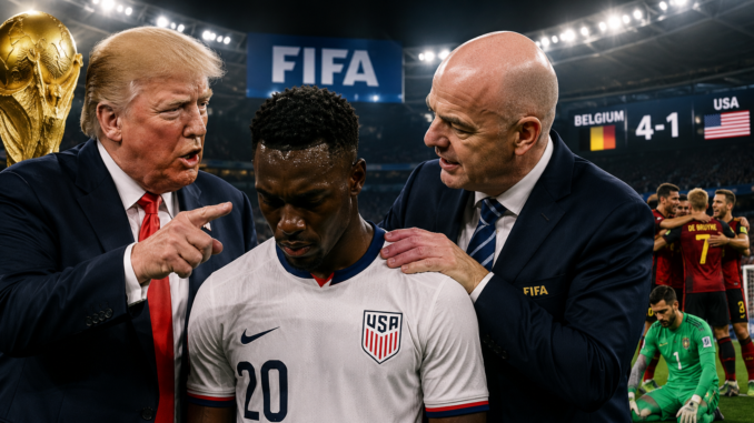 Ilustración hiperrealista del escándalo entre Donald Trump, Gianni Infantino y Folarin Balogun tras la polémica decisión de la FIFA durante el Mundial 2026.