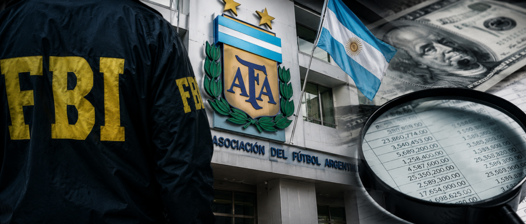 Agente del FBI frente a la sede de la Asociación del Fútbol Argentino (AFA), en una ilustración sobre la investigación por presuntas operaciones financieras millonarias.