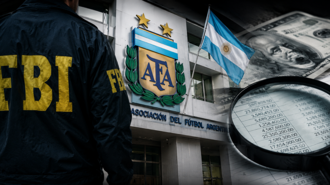 Agente del FBI frente a la sede de la Asociación del Fútbol Argentino (AFA), en una ilustración sobre la investigación por presuntas operaciones financieras millonarias.