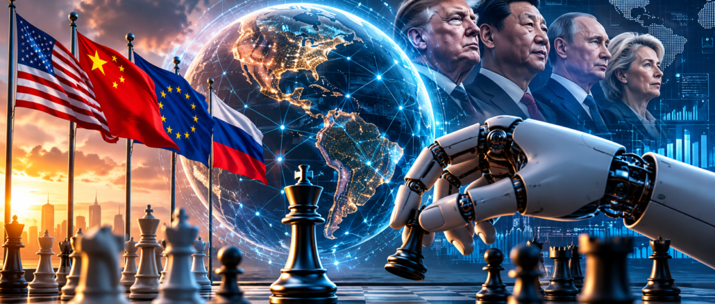 Robot junto a un globo terráqueo y los líderes de China, Estados Unidos y Rusia analizando la Geopolítica e Inteligencia Artificial.